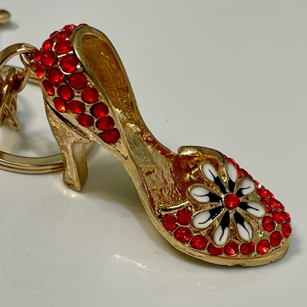 Bag Charm Stiletto Heel Shoe Keychain NEW Rhinestones Red Gold Handbag Jewelry
